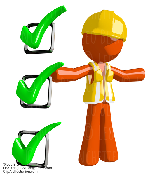 Orange Man Construction Worker  Presenting Green Checkmark List #16265