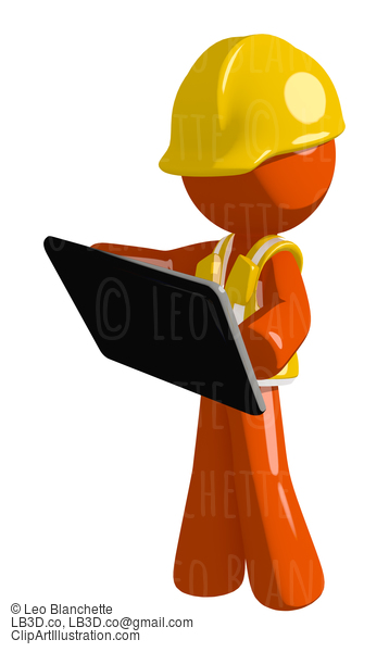 Orange Man Construction Worker  Holding Tablet Or Computer Device #16267