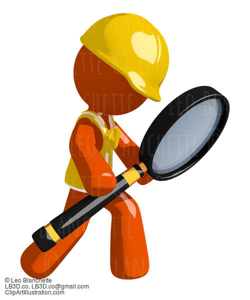 Orange Man Construction Worker  Looking Through Magnifying Glass #16268