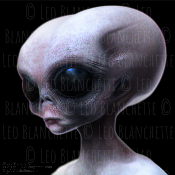 Grey Alien Elongated Head/Skull Isolated On Black. #46