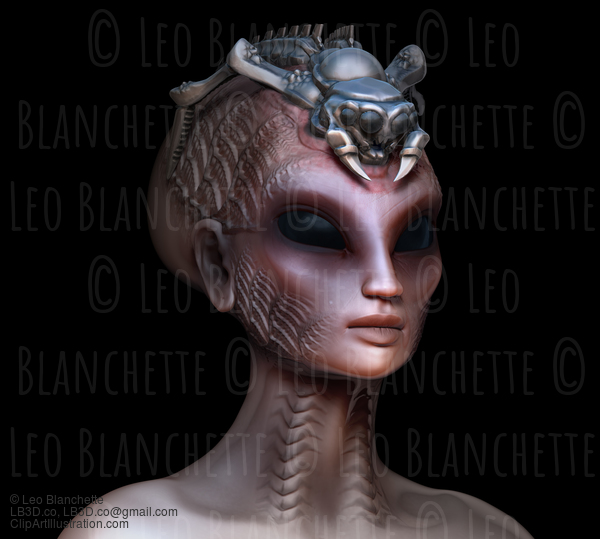 Hybrid Alien Woman Queen With Embedded Parasite Crown Side View Left On Black #13