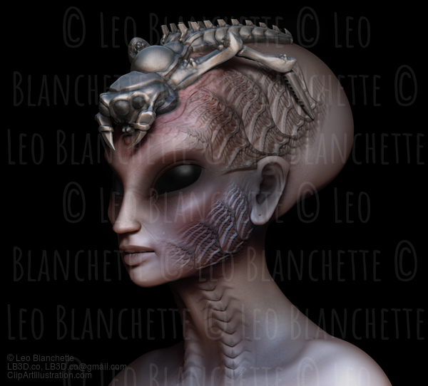 Hybrid Alien Woman Queen With Embedded Parasite Crown Side View On Black #21