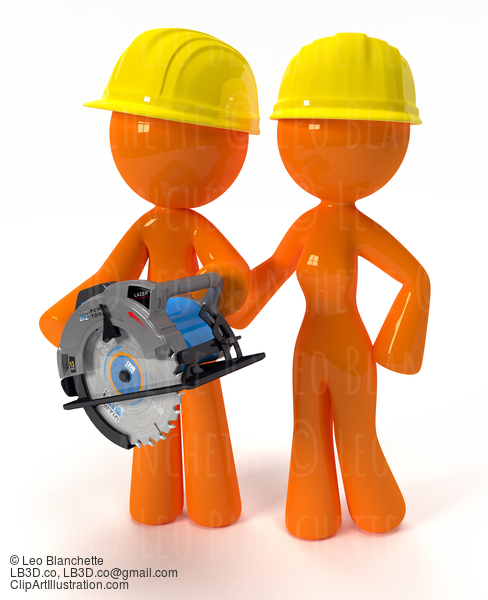 3D Orange Man And Woman With Circular Saw Plus Hard Hats #23145