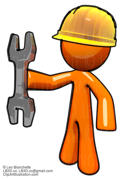 3D Orange Maintenance Man With Wrench And Hard Hat #23177