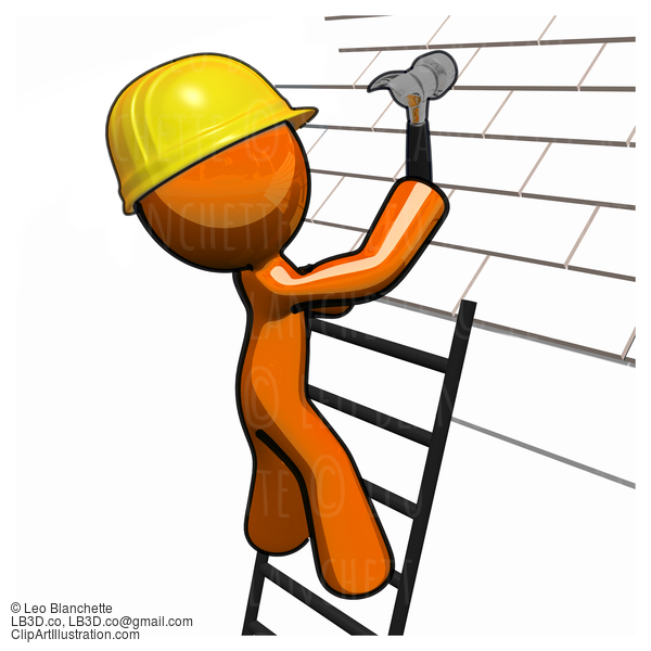 Orange Man Roofer With Hammer Hard Hat And Ladder #23194