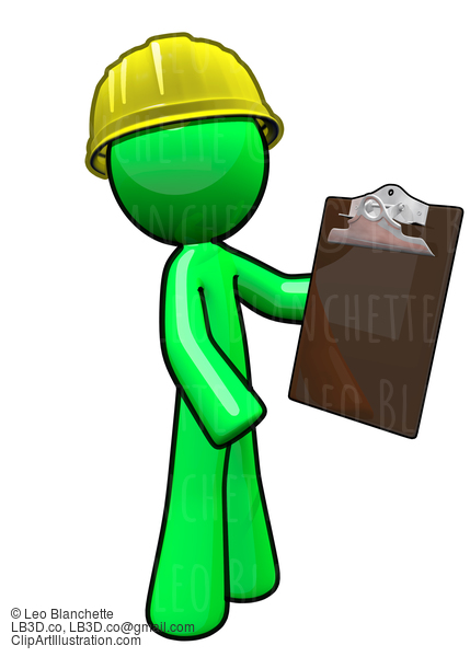 Green Man Contractor With Hard Hat Holding Clipboard. #23221