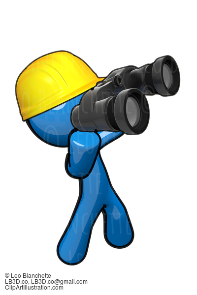 3D Blue Man Searching With Hard Hat And Binoculars. #23334