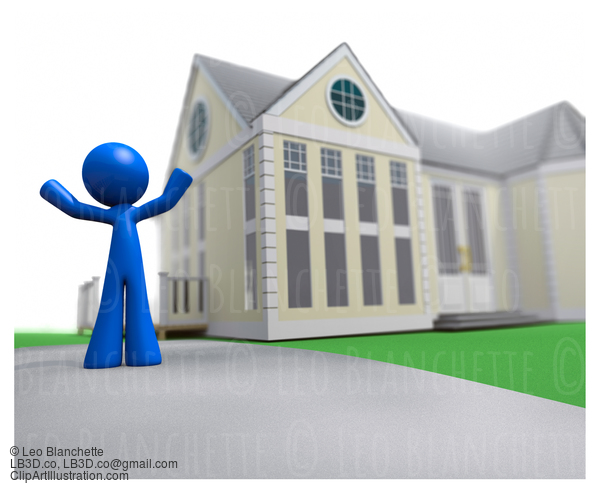 3D Blue Man Happy Over New House Real Estate Illustration #23349