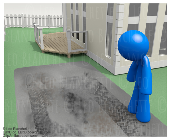 3D Man Looking At Tire Tracks In Driveway #23362