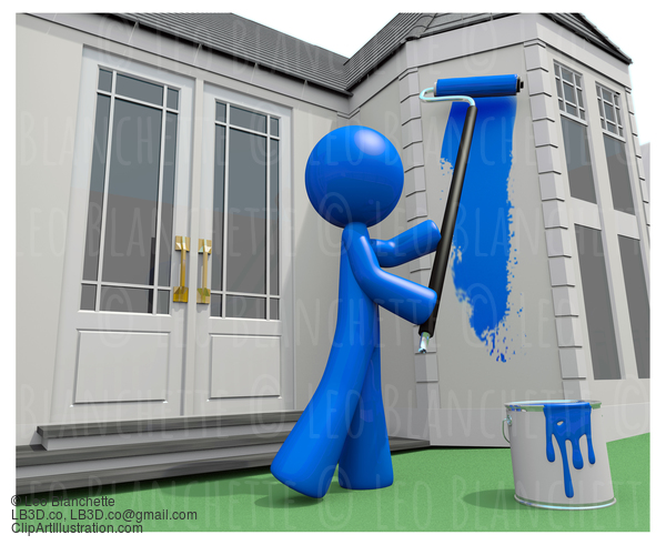 Blue Man Painting His House With Paint Roller #23365