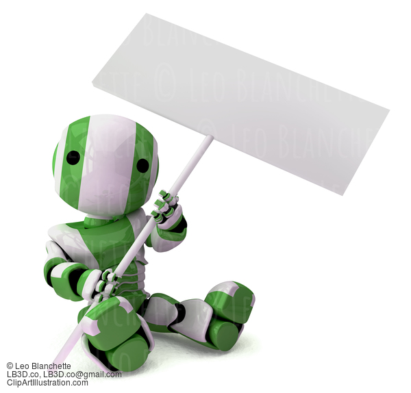 Glossy Green Robot Holding Sign Sitting Down #23395