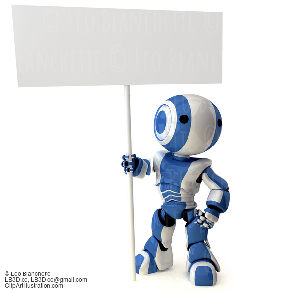 Glossy Blue Robot Standing Holding Sign #23434