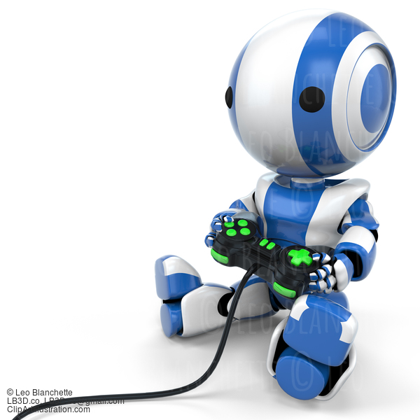 Blue Robot Holding Video Game Controller #23441