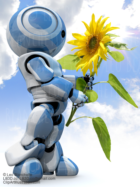 Glossy 3D Robot Holding Flower Blue Sky Clouds #23462