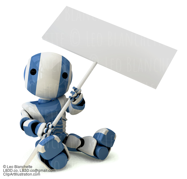 Glossy Blue Robot Holding Sign Sitting Down #23493