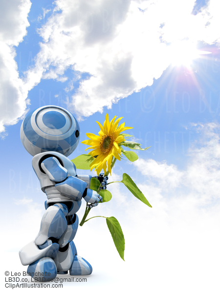 Glossy 3D Robot Holding Flower Blue Sky Clouds #23523