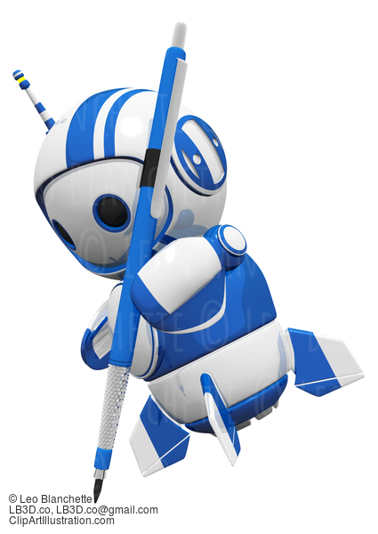 3D Cute Blue Robot With Drafting Pencil Drawing #23314