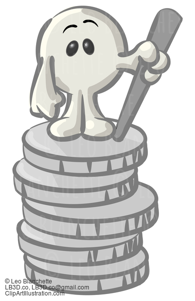 Clipart Illustration Of A White Konkee Character Standing On Top Of A Stack Of Coins #23545