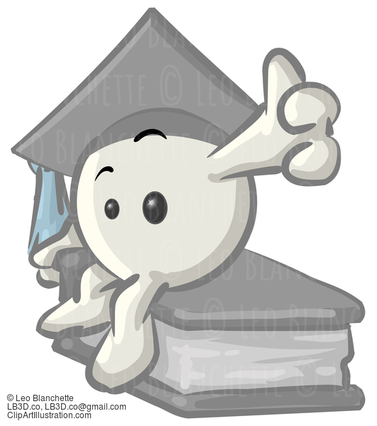 Clipart Illustration Of A White Konkee Character Graduate In A Cap, Sitting On A Book #23557