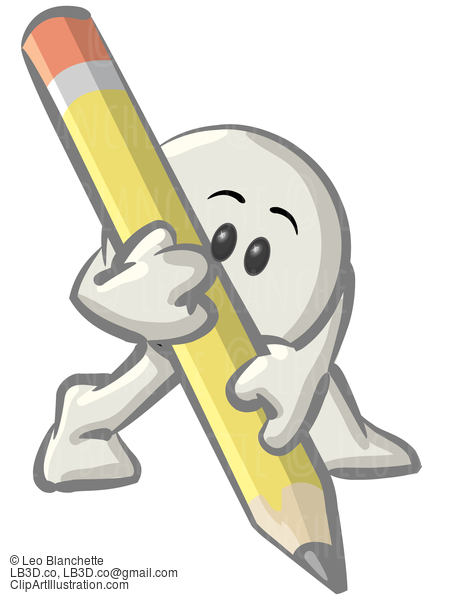 Clipart Illustration Of A White Konkee Character Writing With A Yellow Pencil #23559