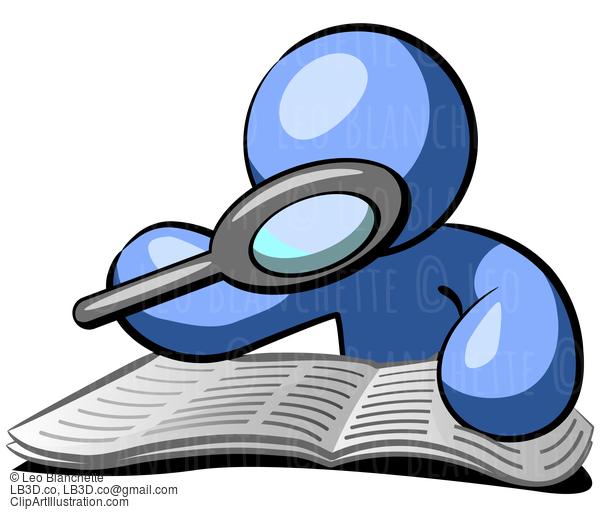 Blue Man Reading Paper With Magnifying Glass #23859