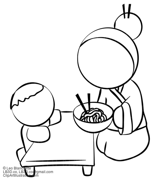 Line Drawing Of Japanese Woman Serving Noodles To Boy #23713