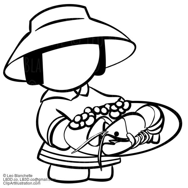 Line Drawing Of Chinese Girl With Lobster #23741