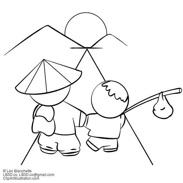 Line Drawing Of Japanese Father And Son #23787