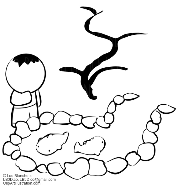 Line Drawing Of Little Boy By Koi Pond #23805