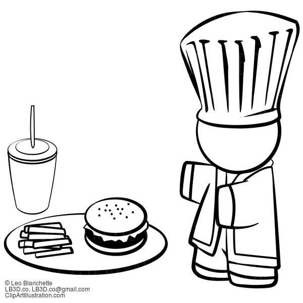 Line Drawing Of Chef With Hamburger And Fries #23834