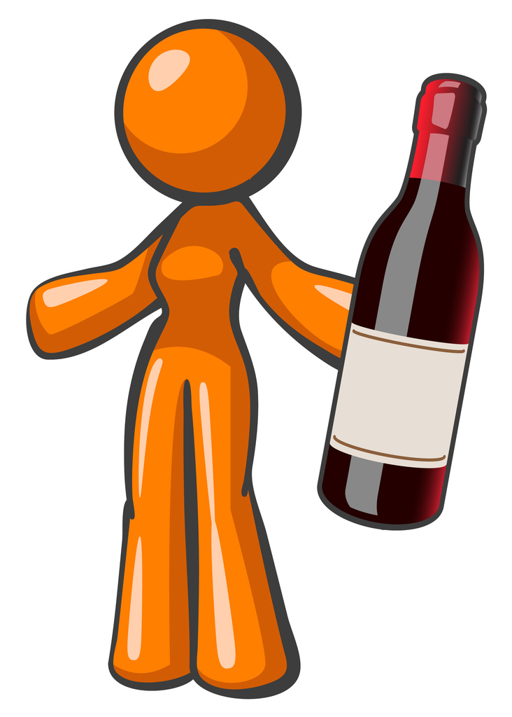 Orange Lady Holding Vintage Wine Bottle Large