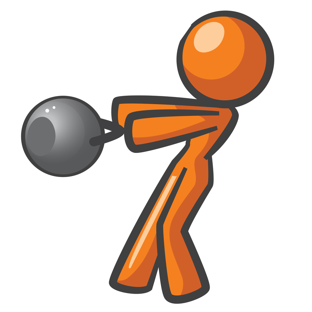 Orange woman working out with russian kettle bells.