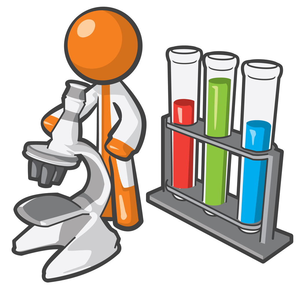 Orange Person Scientist with Microstope and Vials
