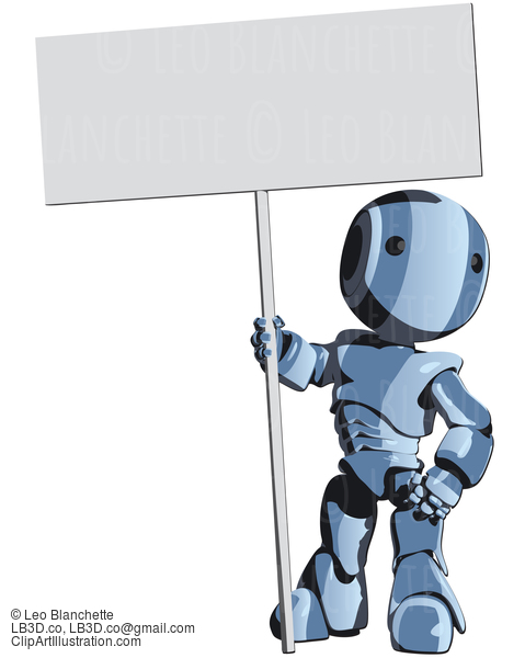 Glossy Blue Robot Standing Holding Sign #23680