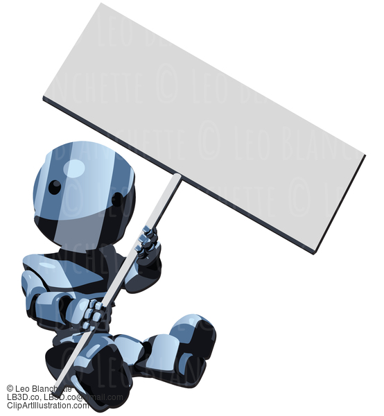 Glossy Blue Robot Holding Sign Sitting Down #23687