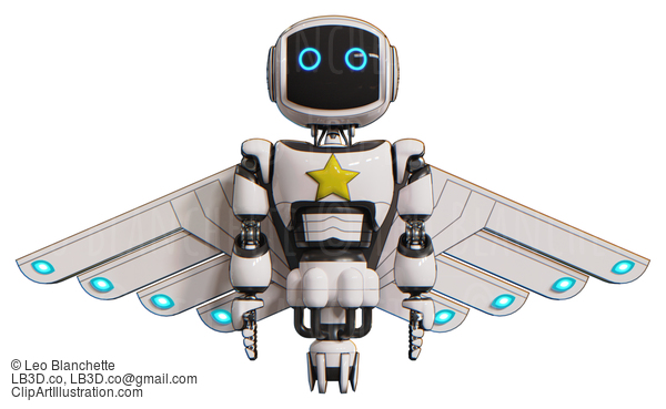 Automaton Containing Digital Display Head And Circle Eyes And Light Chest Exoshielding And Yellow Star And Cherub Wings Design And Jet Propulsion. White. Front View. #20532