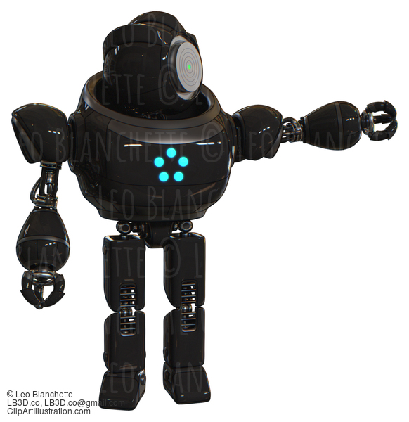 Bot Containing Green Dot Eye Corn Row Plastic Hair And Heavy Upper Chest And Circle Of Blue Leds And Prototype Exoplate Legs. Black. Pointing Left Or Pushing A Button.. #20537
