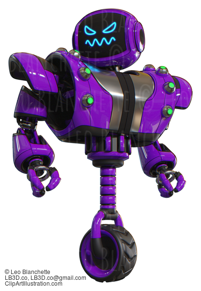 Automaton Containing Digital Display Head And Angry Face And Heavy Upper Chest And Heavy Mech Chest And Green Cable Sockets Array And Unicycle Wheel. Purple. Hero Pose. #20538