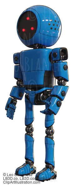 Robot Containing Three Led Eyes Round Head And Light Chest Exoshielding And Prototype Exoplate Chest And Ultralight Foot Exosuit. Blue. Facing Right View. #20539