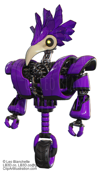 Robot Containing Bird Skull Head And Yellow Led Protruding Eyes And Bird Feather Design And Heavy Upper Chest And Heavy Mech Chest And Unicycle Wheel. Purple. Standing Looking Right Restful Pose. #20540