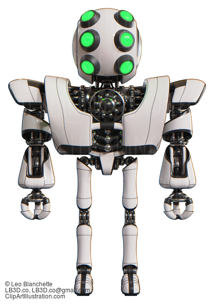 Cyborg Containing Round Head And Six Eye Array And Bug Eyes And Heavy Upper Chest And Heavy Mech Chest And Ultralight Foot Exosuit. White. Front View. #20541