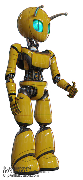 Automaton Containing Grey Alien Style Head And Blue Grate Eyes And Bug Antennas And Light Chest Exoshielding And Ultralight Chest Exosuit And Light Leg Exoshielding. Yellow. Facing Left View. #20542