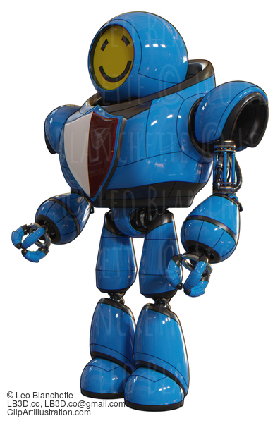 Android Containing Round Head Yellow Happy Face And Heavy Upper Chest And Red Shield Defense Design And Light Leg Exoshielding. Blue. Facing Right View. #20543