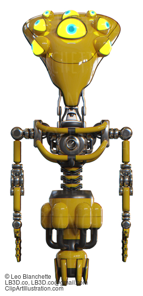 Mech Containing Flat Elongated Skull Head And Yellow Eyeball Array And Light Chest Exoshielding And No Chest Plating And Jet Propulsion. Yellow. Front View. #20549