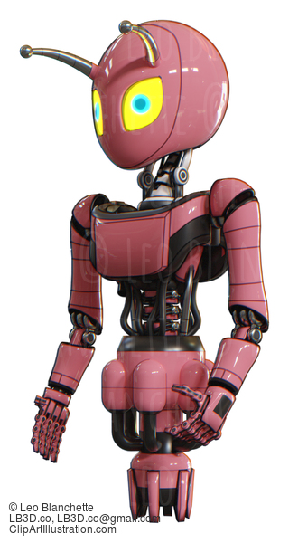 Bot Containing Grey Alien Style Head And Yellow Eyes With Blue Pupils And Bug Antennas And Light Chest Exoshielding And Ultralight Chest Exosuit And Jet Propulsion. Pink. Facing Right View. #20552