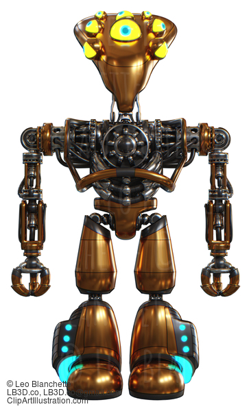 Droid Containing Flat Elongated Skull Head And Yellow Eyeball Array And Heavy Upper Chest And No Chest Plating And Light Leg Exoshielding And Megneto-Hovers Foot Mod. Copper. Front View. #20553