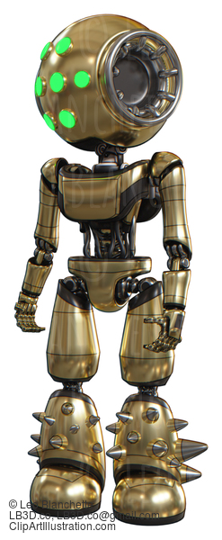 Mech Containing Round Head And Green Eyes Array And Light Chest Exoshielding And Ultralight Chest Exosuit And Light Leg Exoshielding And Spike Foot Mod. Gold. Standing Looking Right Restful Pose. #20558