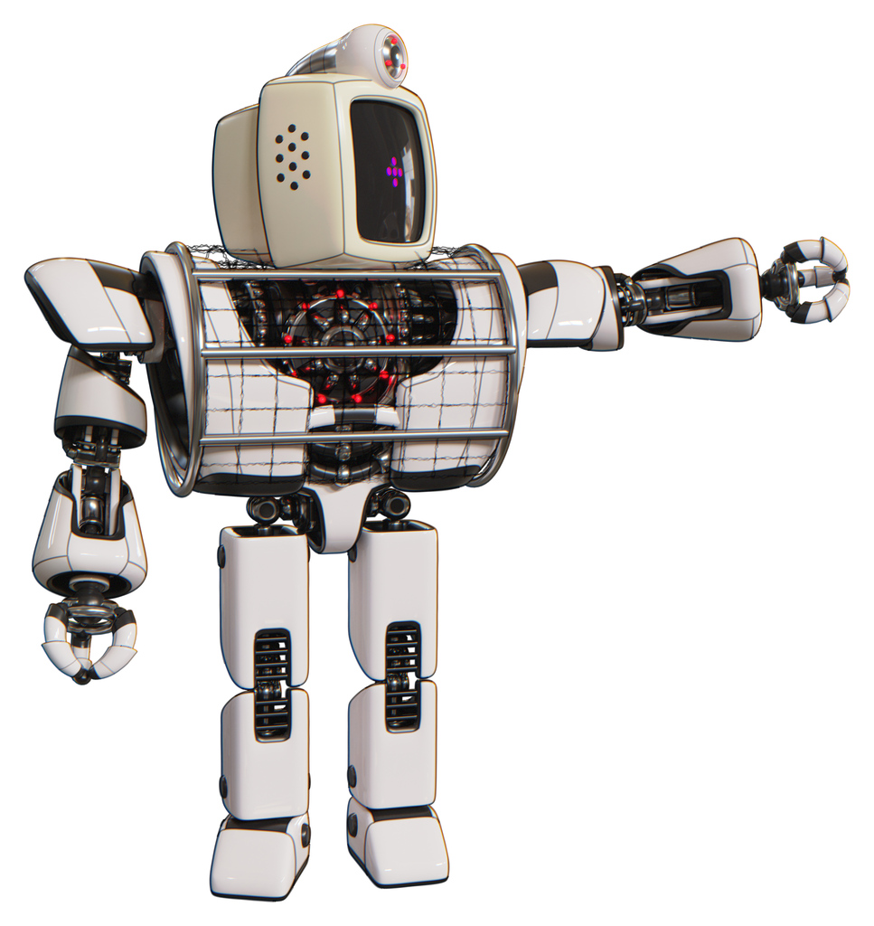 Droid containing old computer monitor and magenta symbol display and retro-futuristic webcam and heavy upper chest and heavy mech chest and barbed wire chest armor cage and prototype exoplate legs.