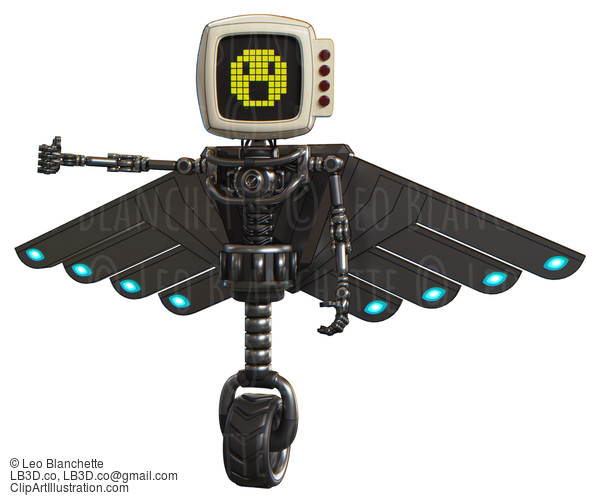 Cyborg Containing Old Computer Monitor And Yellow Pixel Face Surprised And Red Buttons And Light Chest Exoshielding And Cherub Wings Design And No Chest Plating And Unicycle Wheel. Metal. #20563