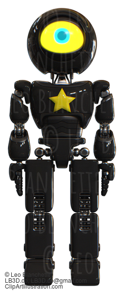 Bot Containing Giant Eyeball Head Design And Light Chest Exoshielding And Yellow Star And Prototype Exoplate Legs. Black. Front View. #20564